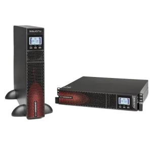 Image of black Salicru SPS Advance RT uninterruptible power supply units with display screens and red accents, designed for reliable power protection.