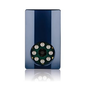 Image of the Nedap Lumo ANPR camera, a blue rectangular device equipped with a circular lens and lights, designed for automatic number plate recognition.