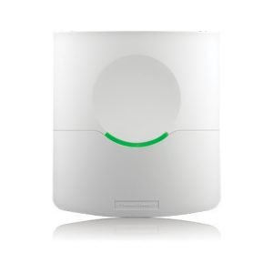 Image of the Nedap uPASS Reach RFID Reader, a white cylindrical device with a green LED indicator light, designed for long-range RFID reading