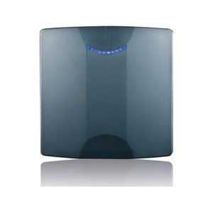 Image of the Nedap uPASS Target RFID Reader, a dark gray square device with a blue LED indicator light, used for long-range RFID reading.