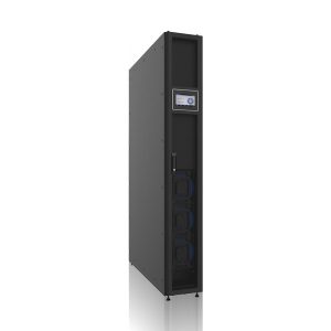 Tall black Row Mount DX cooling unit with EC fans and control panel for server racks, optimized for data centers in Saudi Arabia.