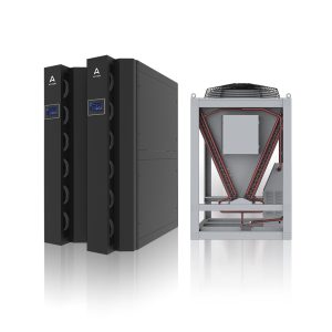 SmoothAir rear door heat exchanger with dual black cooling units and a silver frame with red coil design, offered by ScreenCheck Saudi for data center cooling.